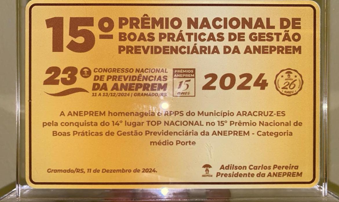 Aracruz se destaca no 15º Prêmio Nacional de Boas Práticas de Gestão Previdenciária