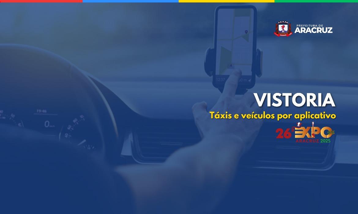 Veículos por aplicativo e táxis irão passar por vistoria e serão identificados para atuar na 26ª Expo Aracruz - A equipe de Fiscalização de Transportes da Secretaria Municipal de Mobilidade Urbana (Semurb) realizará vistorias técnicas em todos os veículos utilizados por motoristas que atuam por meio de aplicativo e taxistas, no período de 14 de julho a 8 de agosto. O objetivo é garantir um serviço de transporte mais seguro, especialmente durante a 26ª Expo Aracruz, que acontecerá entre os dias 7 e 10 de agosto.