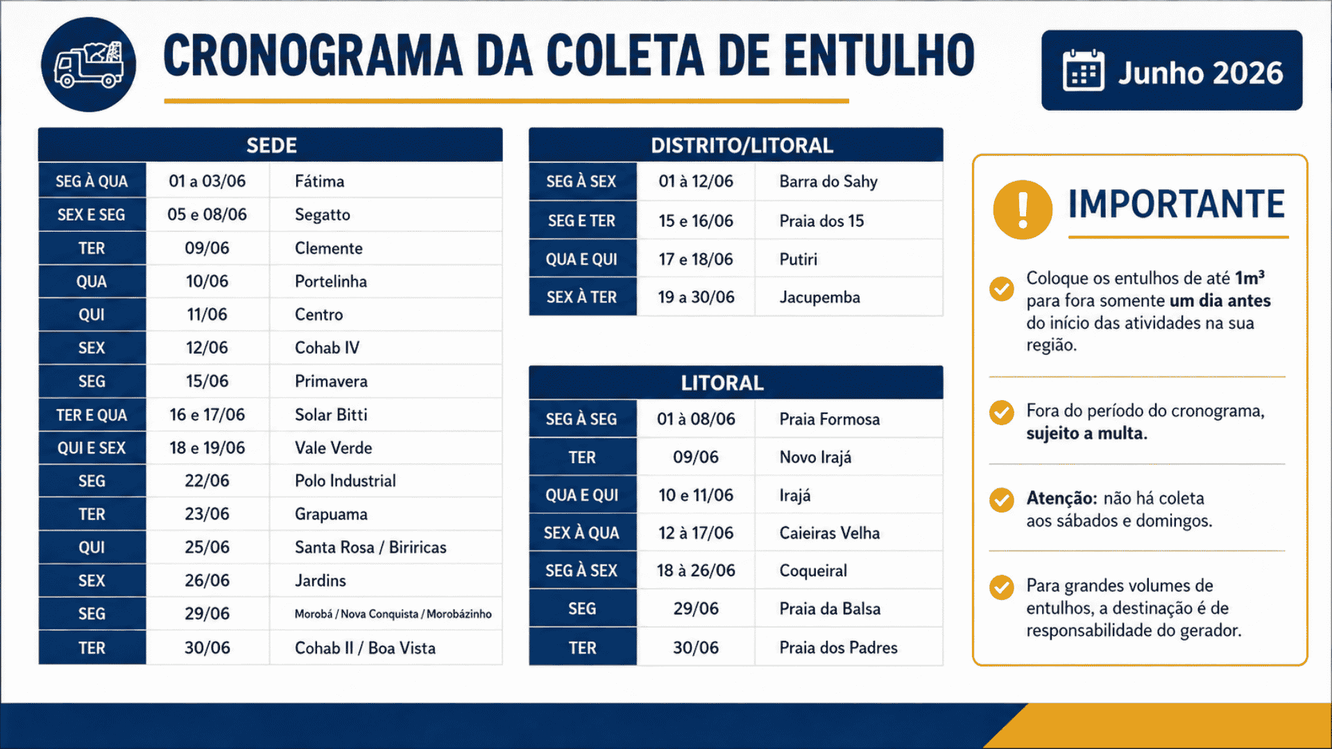 Cronograma da Coleta de Entulho - Junho 2026