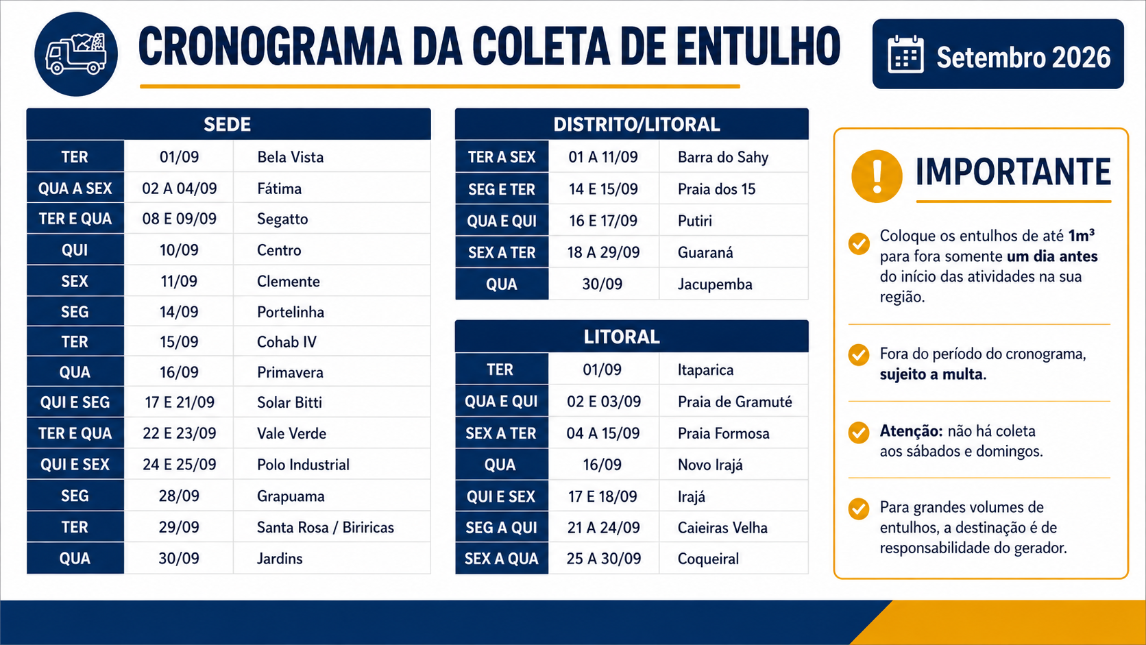 Cronograma da Coleta de Entulho - Setembro 2026