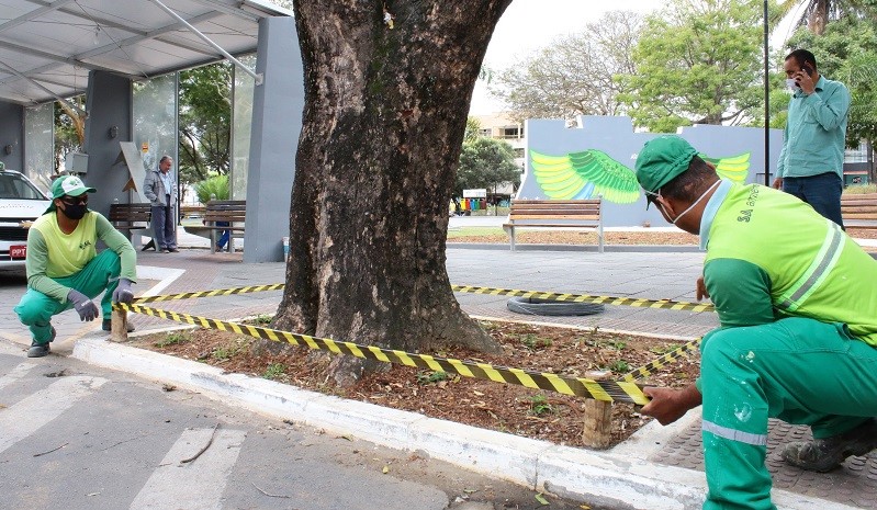 Prefeitura de Aracruz instala proteção nos canteiros da Praça da Matriz