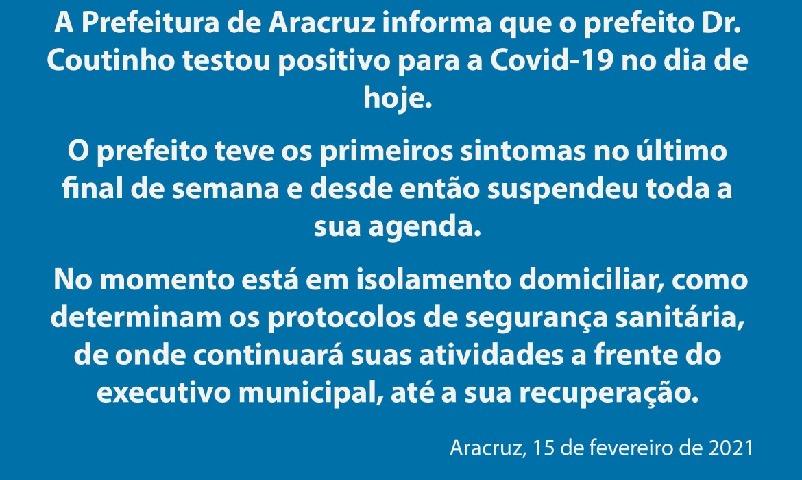 Prefeito testa positivo para Covid 19